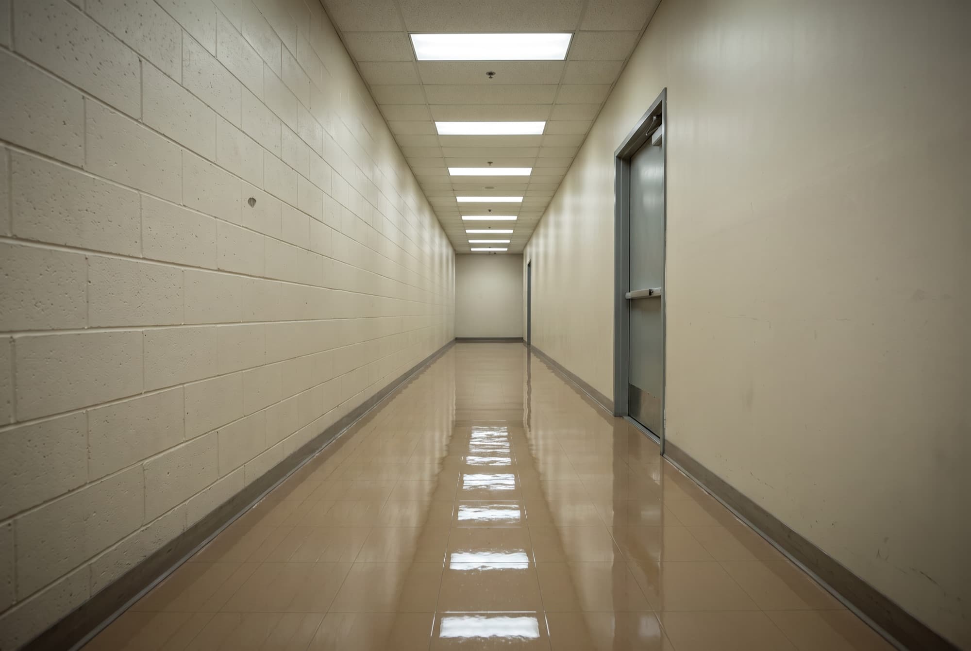 The same commercial corridor floor after cleaning, stripped and polished to a gloss