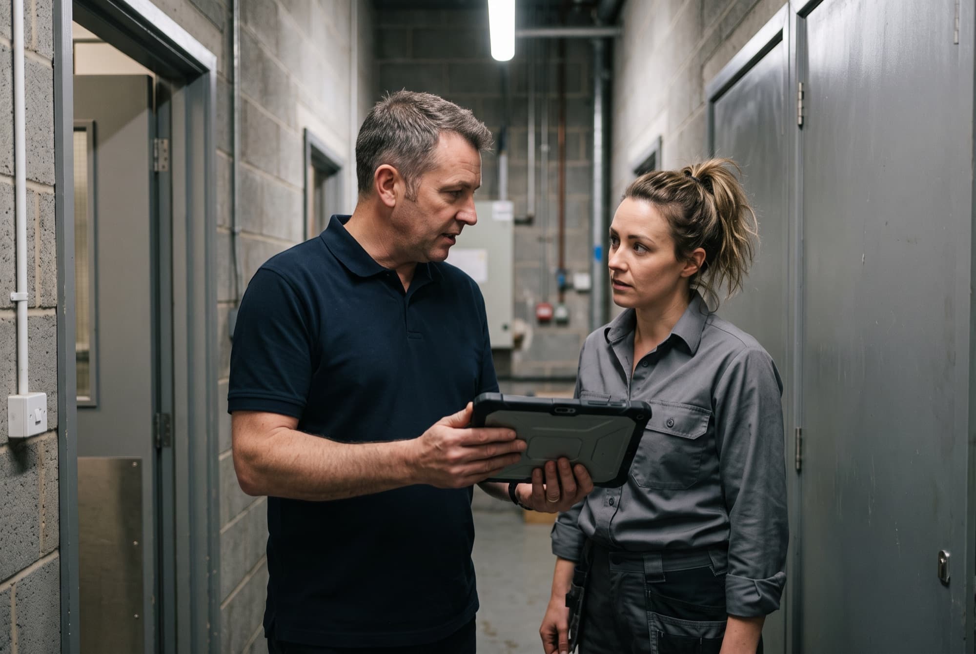 An operations manager reviewing work with a team leader on site