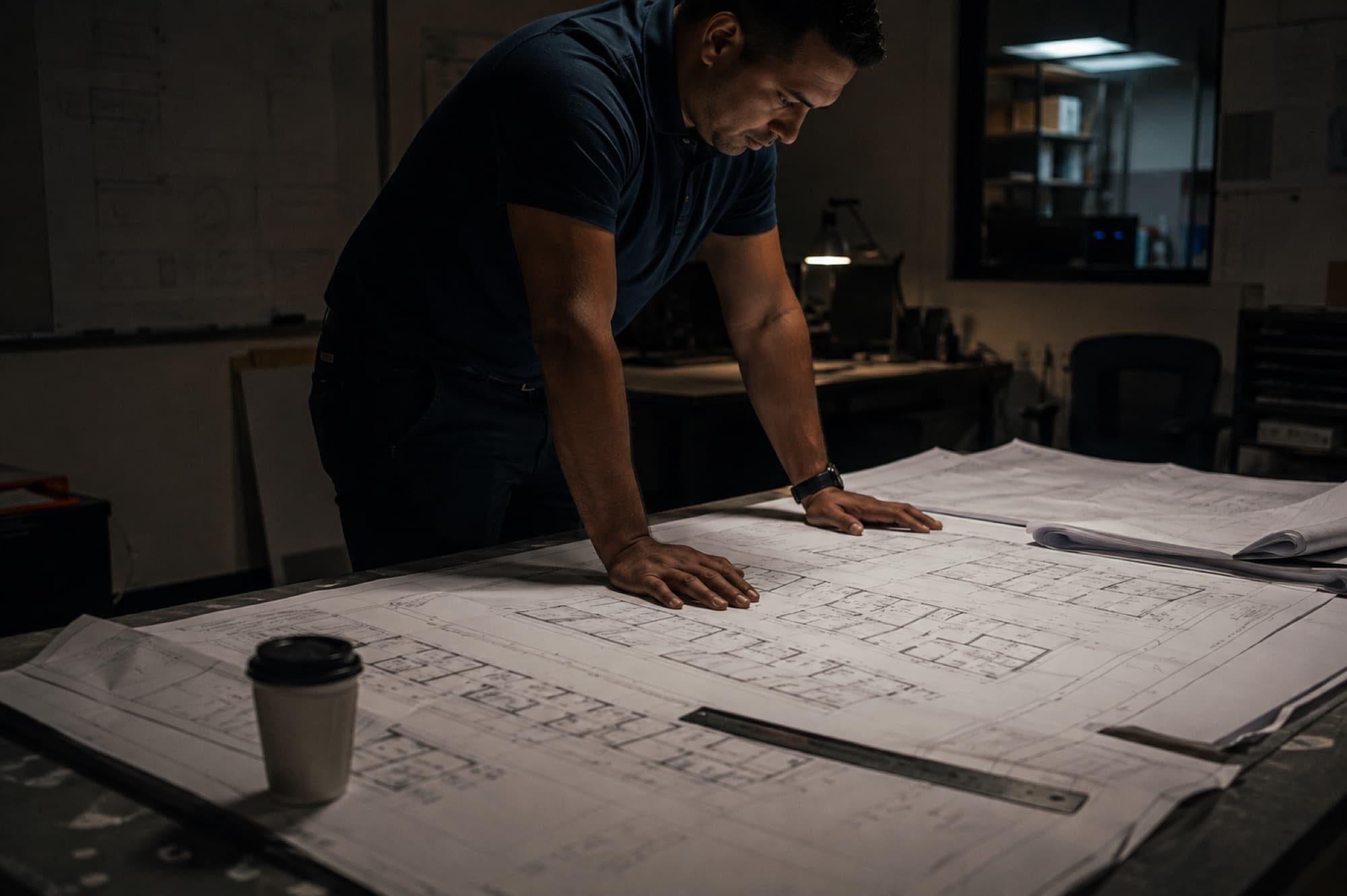 An operations manager reviewing printed building floor plans